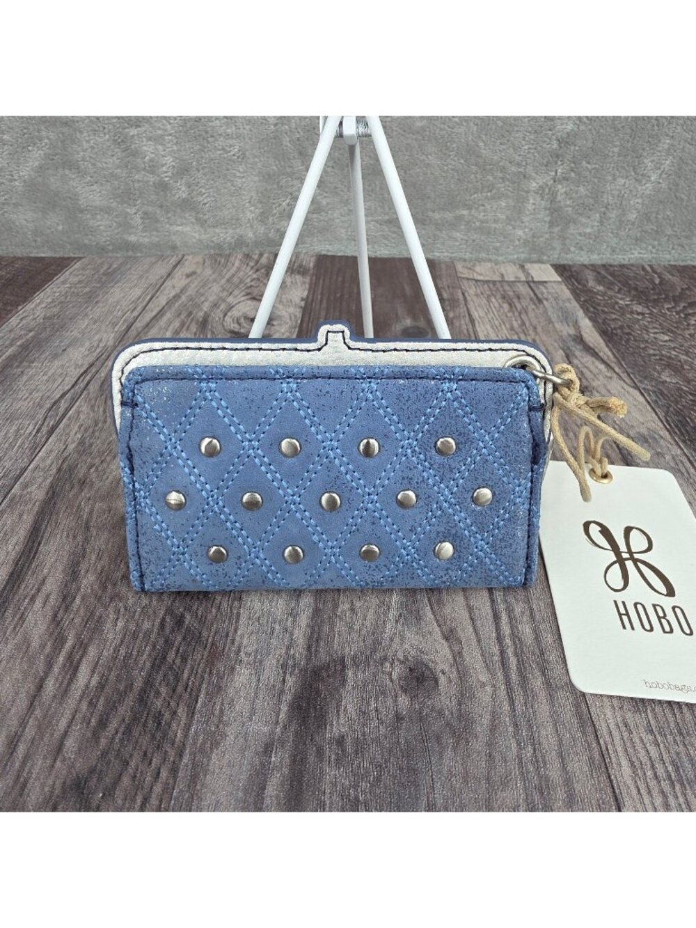 HOBO Lauren Card Case Charm Buffed Leather Azure Blue Studded Gift Clip On New